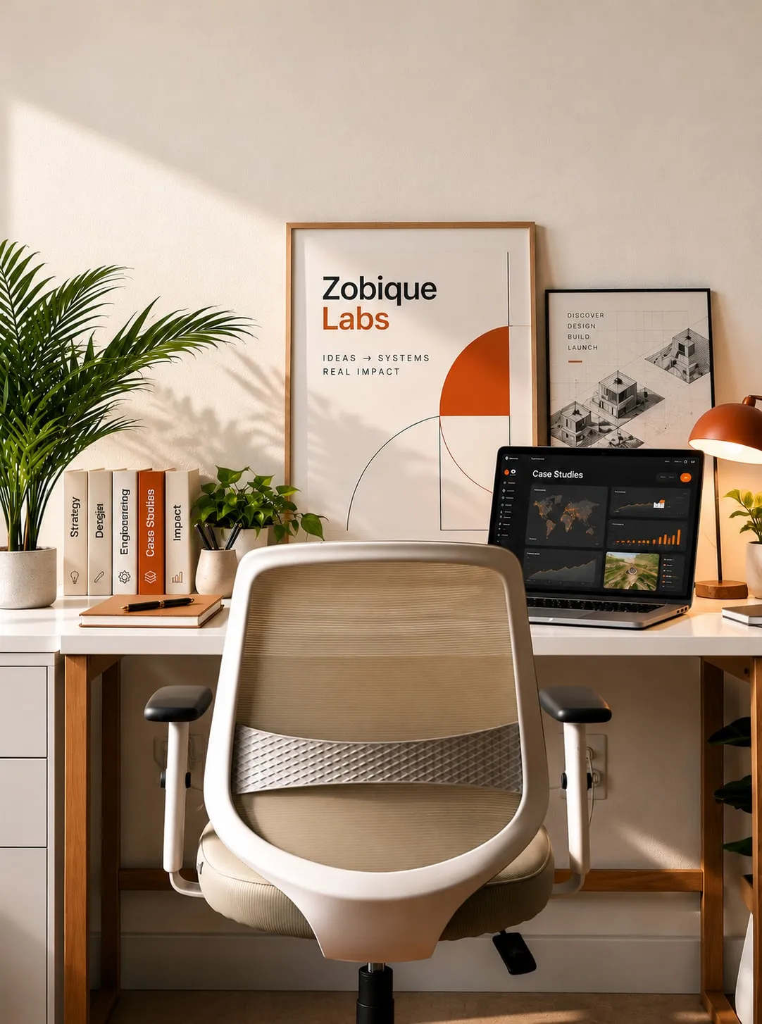 A Zobique Labs desk with a case studies dashboard open on the laptop
